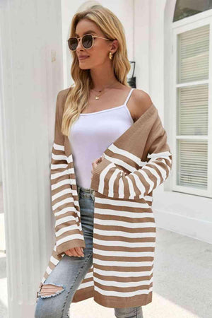 Multi Season Open Front Long Striped Cardigan - MXSTUDIO.COM