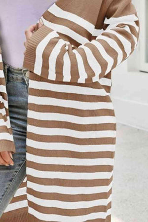 Multi Season Open Front Long Striped Cardigan - MXSTUDIO.COM