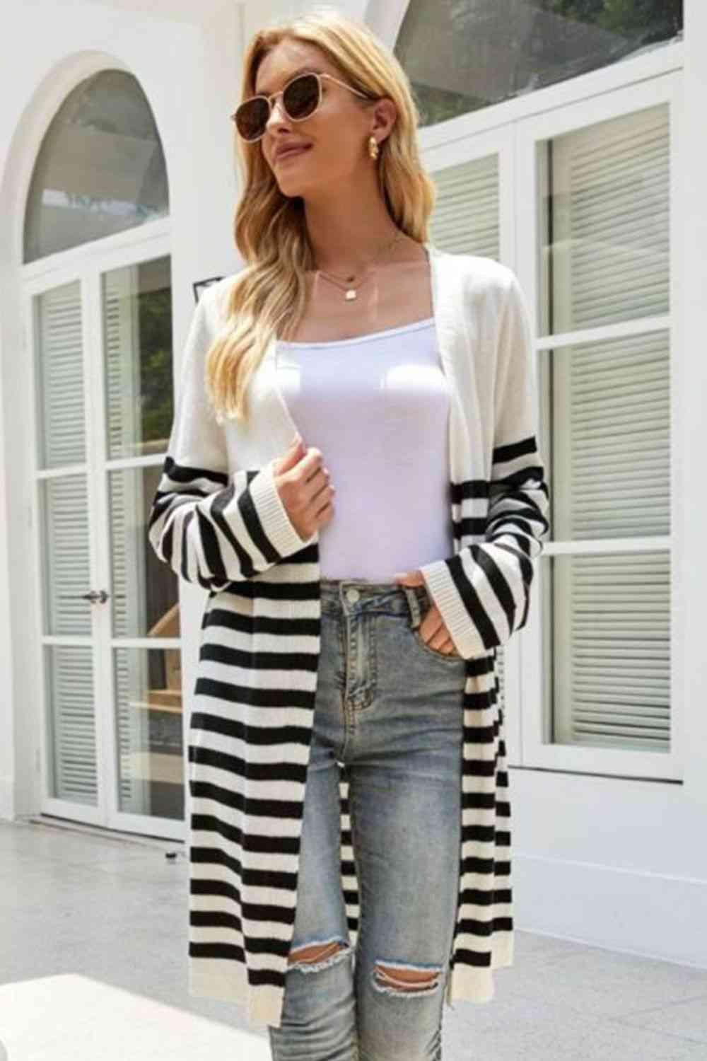 Multi Season Open Front Long Striped Cardigan - MXSTUDIO.COM