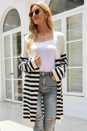 Multi Season Open Front Long Striped Cardigan - MXSTUDIO.COM