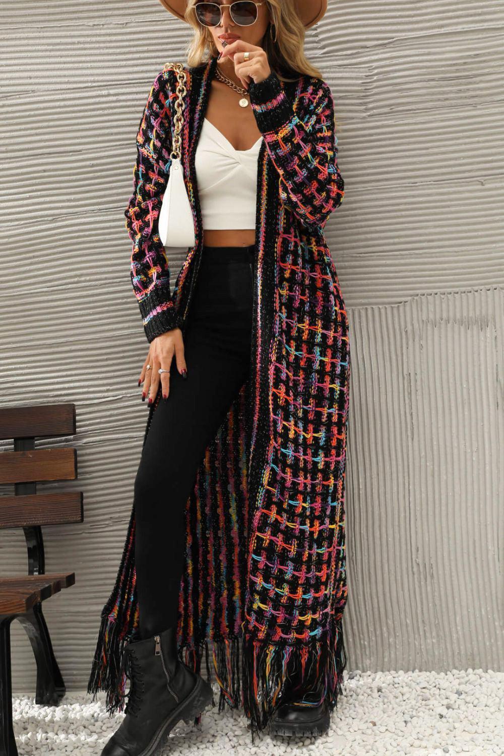 Multicolored Fringe Hem Open Front Cardigan - MXSTUDIO.COM