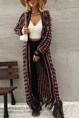 Multicolored Fringe Hem Open Front Cardigan - MXSTUDIO.COM