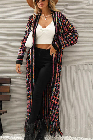 Multicolored Fringe Hem Open Front Cardigan - MXSTUDIO.COM