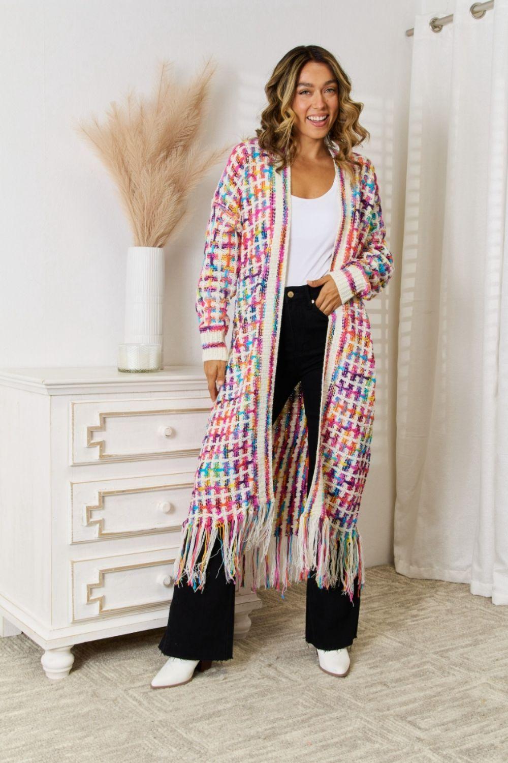 Multicolored Fringe Hem Open Front Cardigan - MXSTUDIO.COM