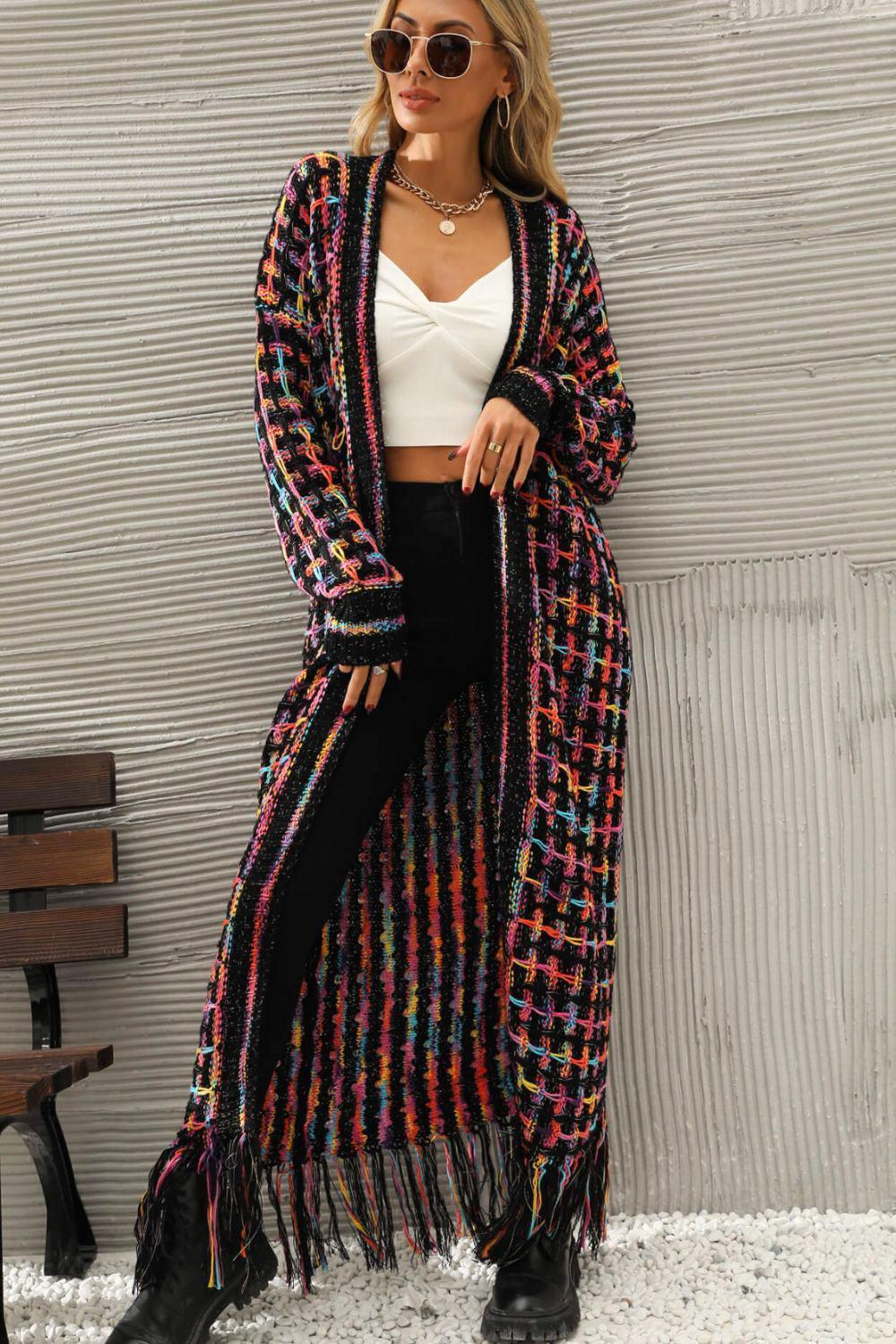 Multicolored Fringe Hem Open Front Cardigan - MXSTUDIO.COM