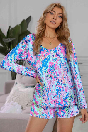 Multicolored Print Top And Shorts Two Piece Lounge Set - MXSTUDIO.COM