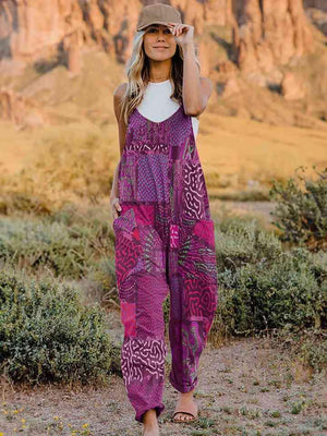Multicolored V-Neck Sleeveless Bohemian Overalls - MXSTUDIO.COM