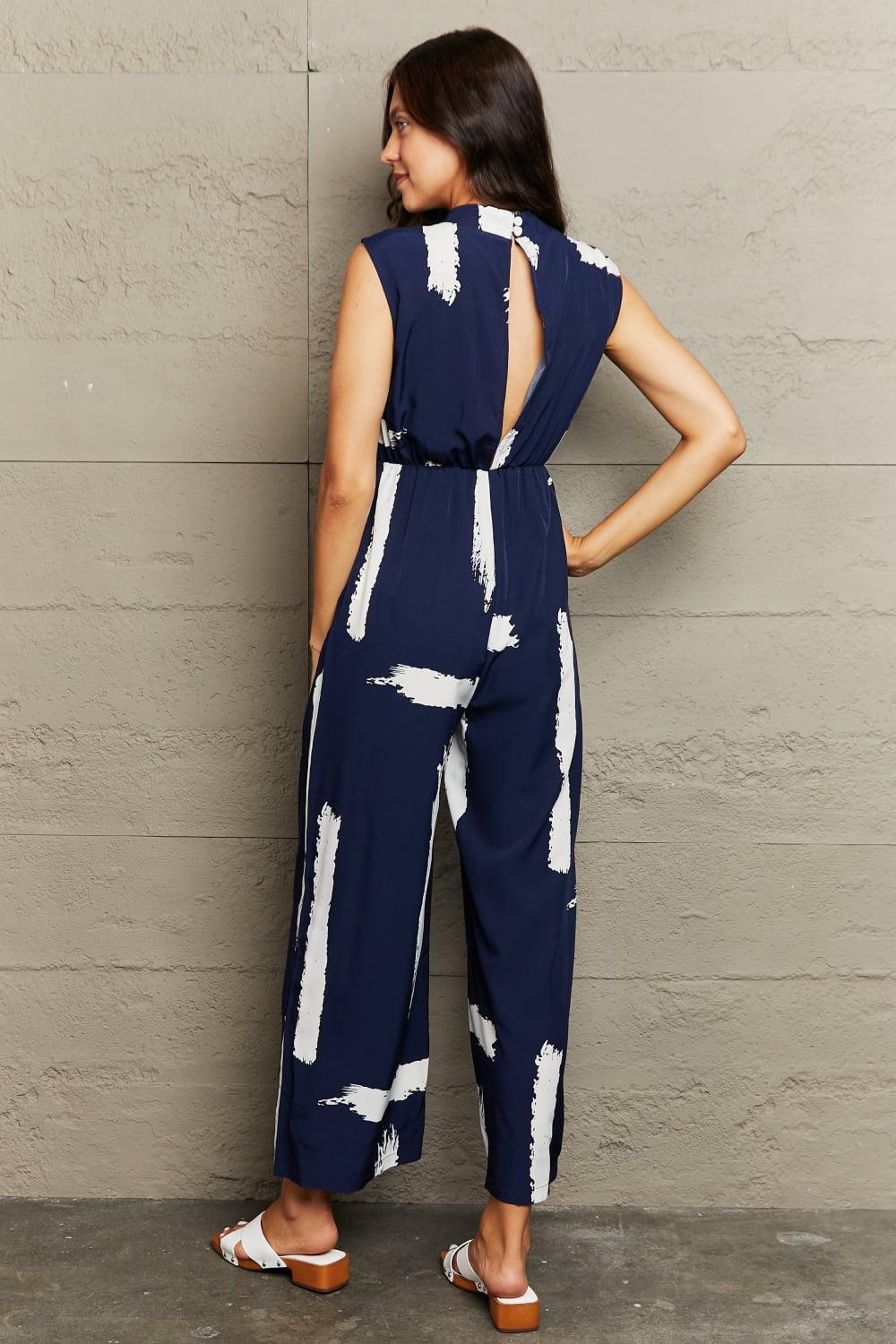Navy Blue Contrast White Sleeveless Jumpsuit - MXSTUDIO.COM
