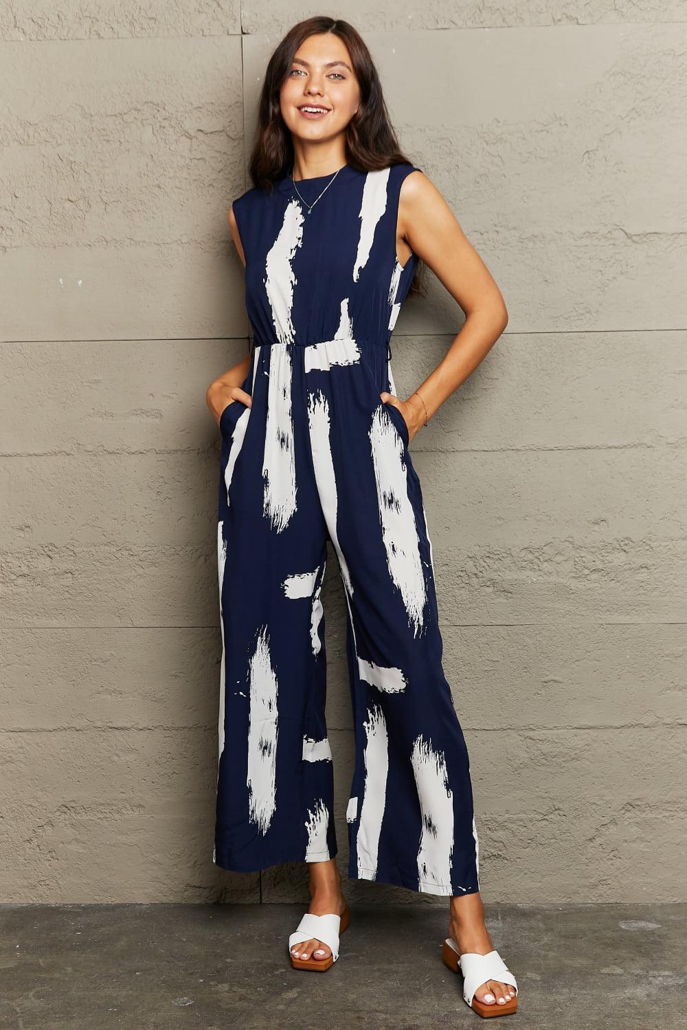 Navy Blue Contrast White Sleeveless Jumpsuit - MXSTUDIO.COM