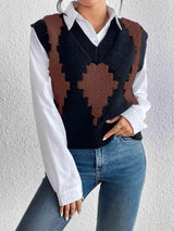 Nerdy Chic Contrast V Neck Sweater Vest-MXSTUDIO.COM