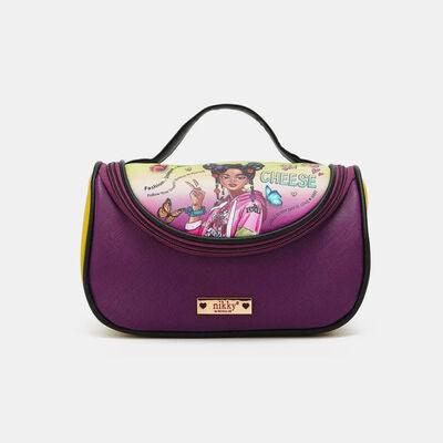a purple purse with a picture of a woman on it