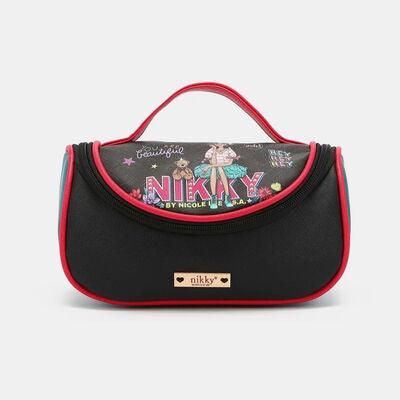 a black and red purse with a cartoon character on it