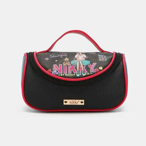 a black and red purse with a cartoon character on it
