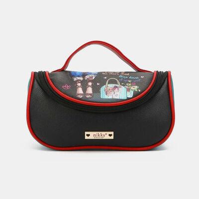 a black and red purse with pictures on it