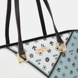 a handbag with a blue and white design on it