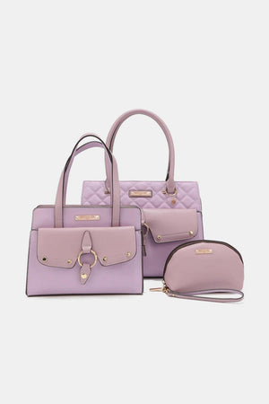 three pieces of pink and purple purses