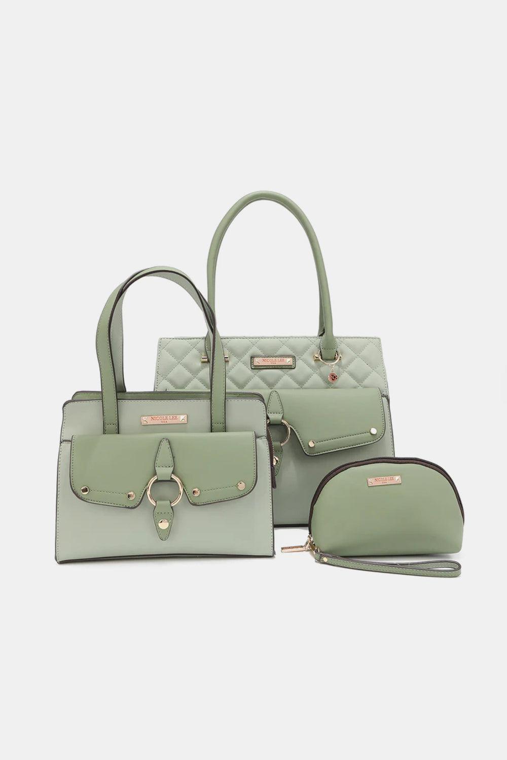three pieces of green purses with matching handbags