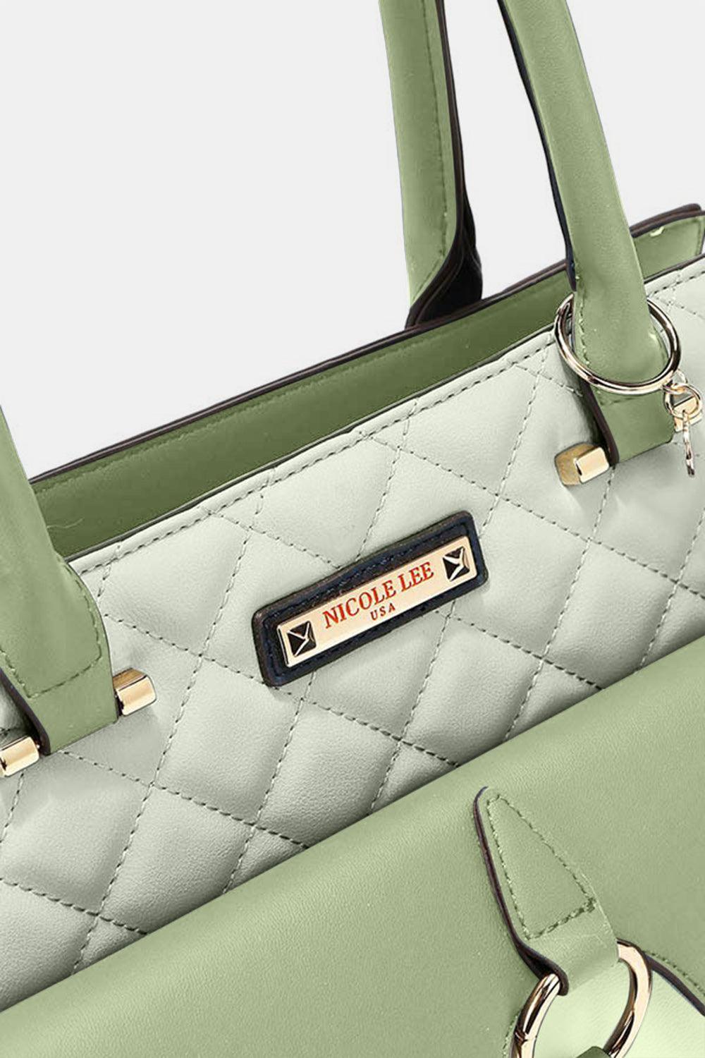 a close up of a green and white purse