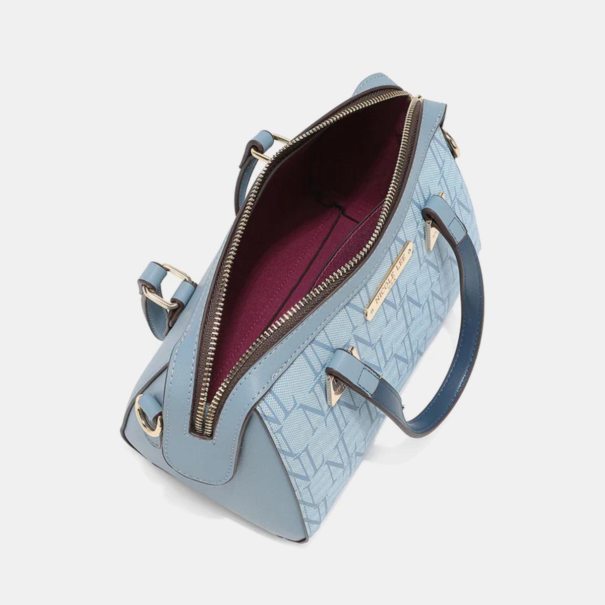 a blue handbag with a zippered compartment
