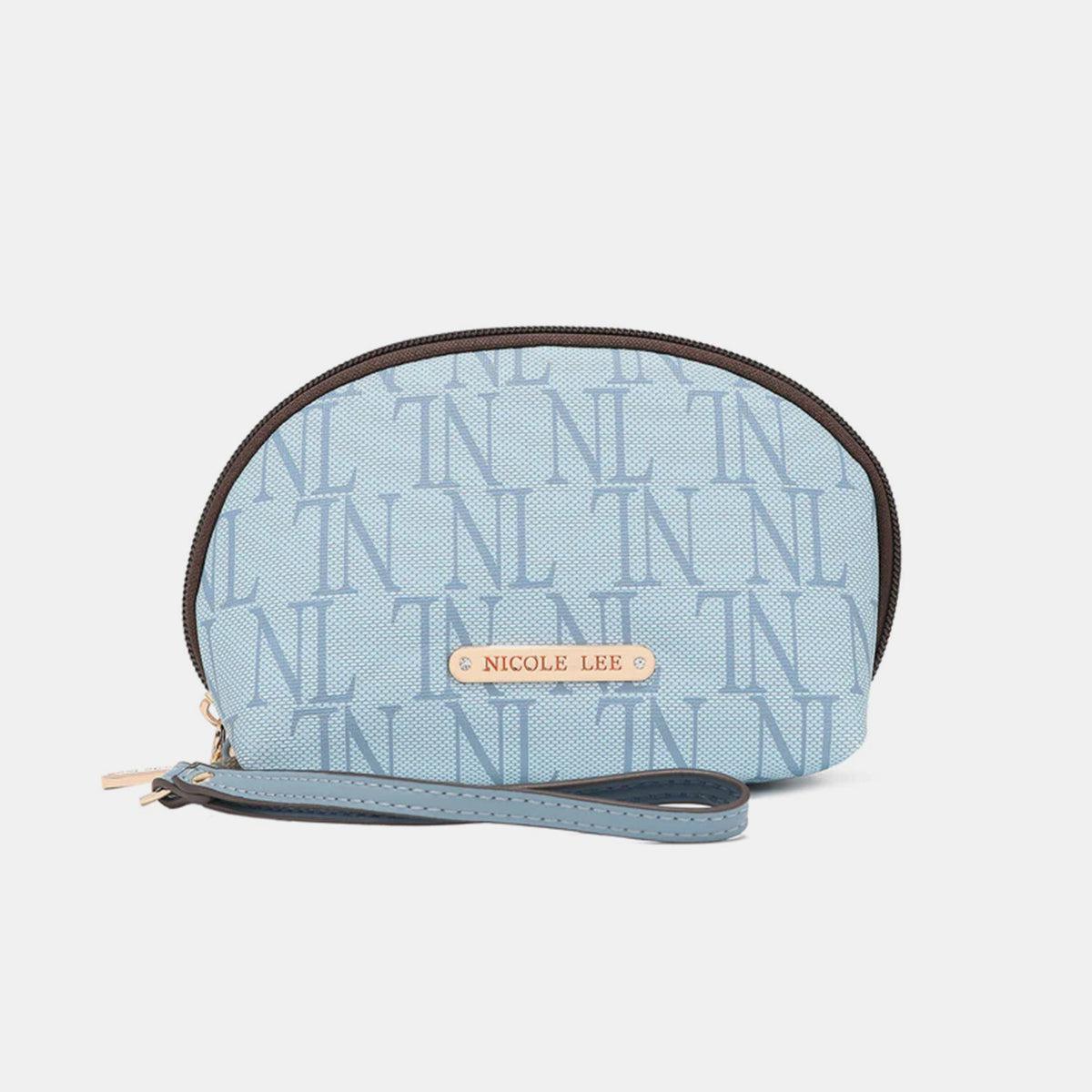 a small blue purse with a name on it