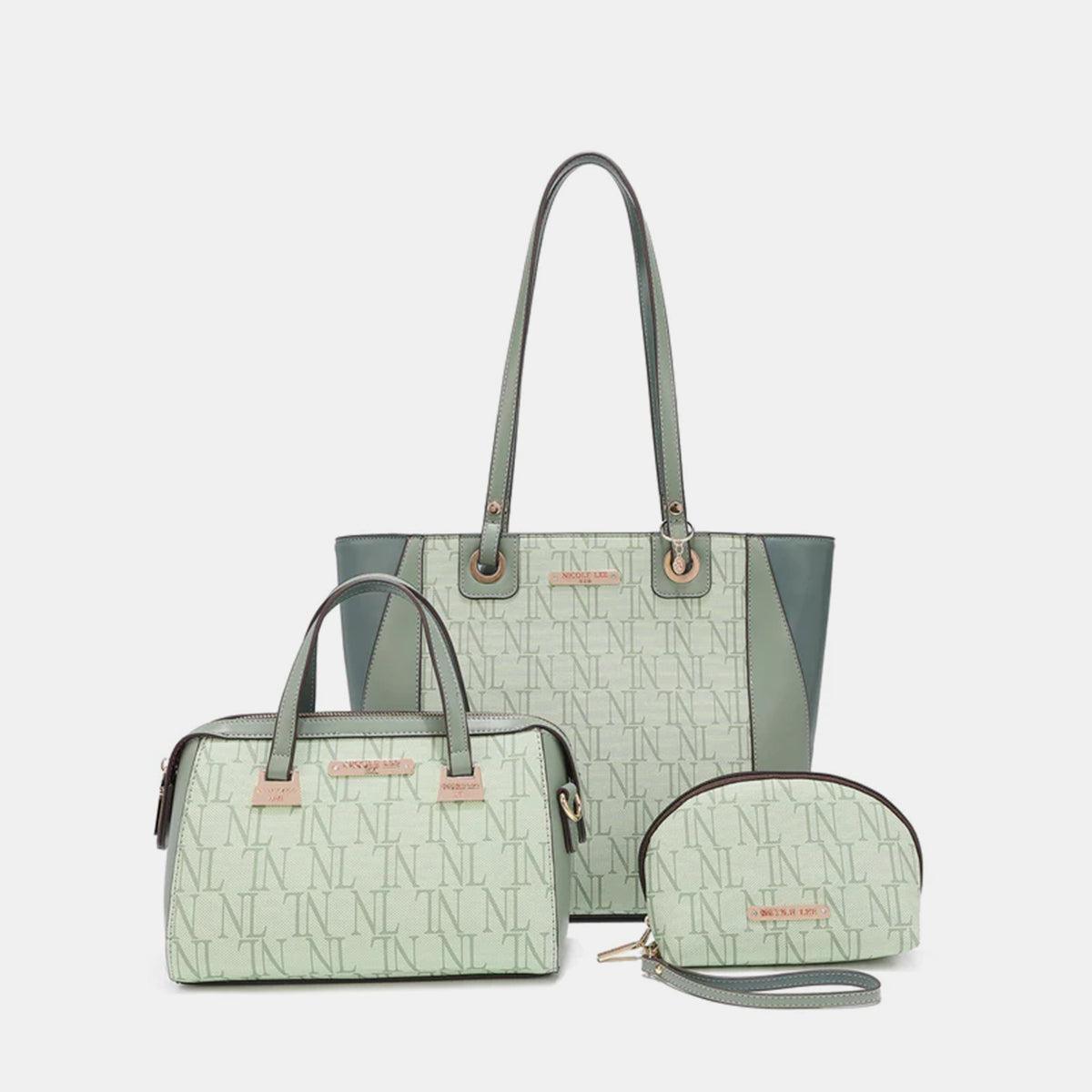 three pieces of green and white handbags