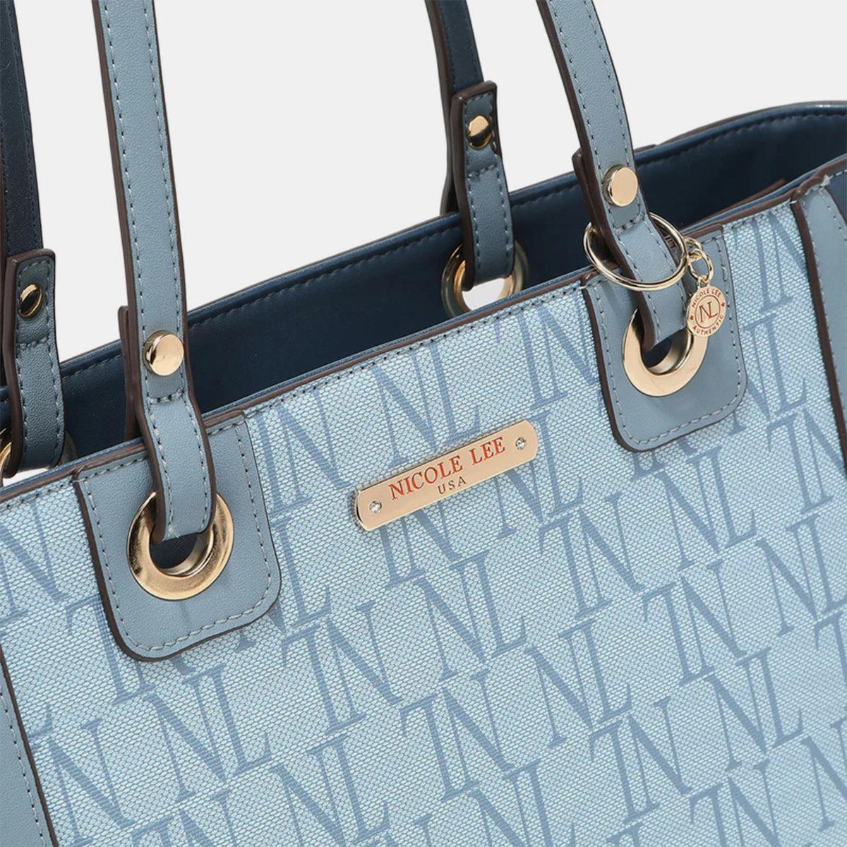 a blue handbag with a name tag on it