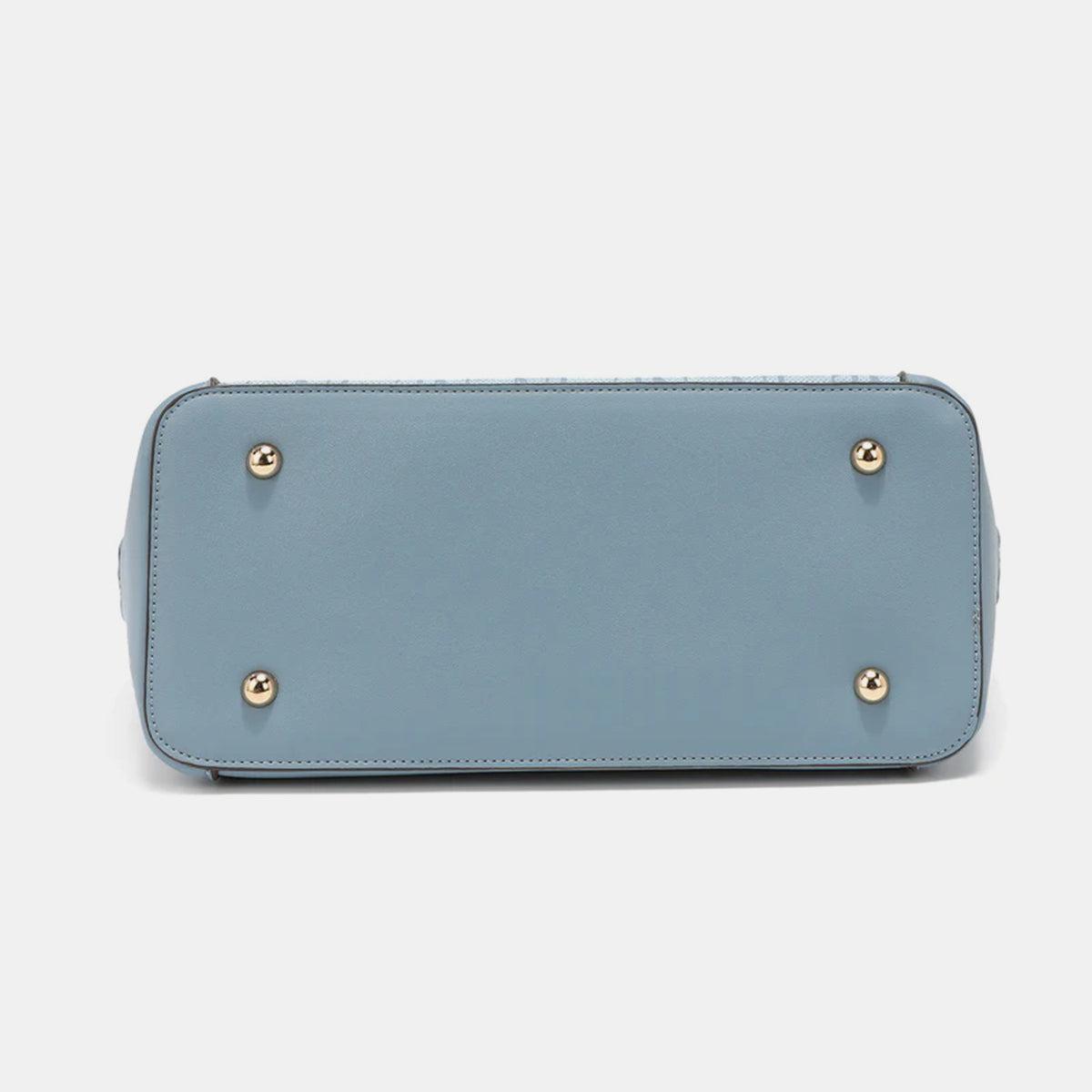 a light blue purse with gold hardwares