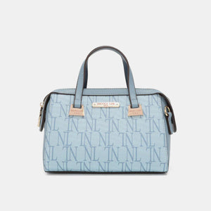 a blue handbag with a logo on it