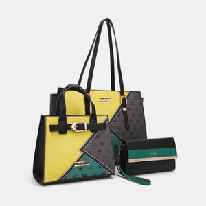 a yellow and black handbag and wallet