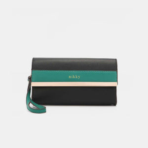 a black and green wallet with a name on it
