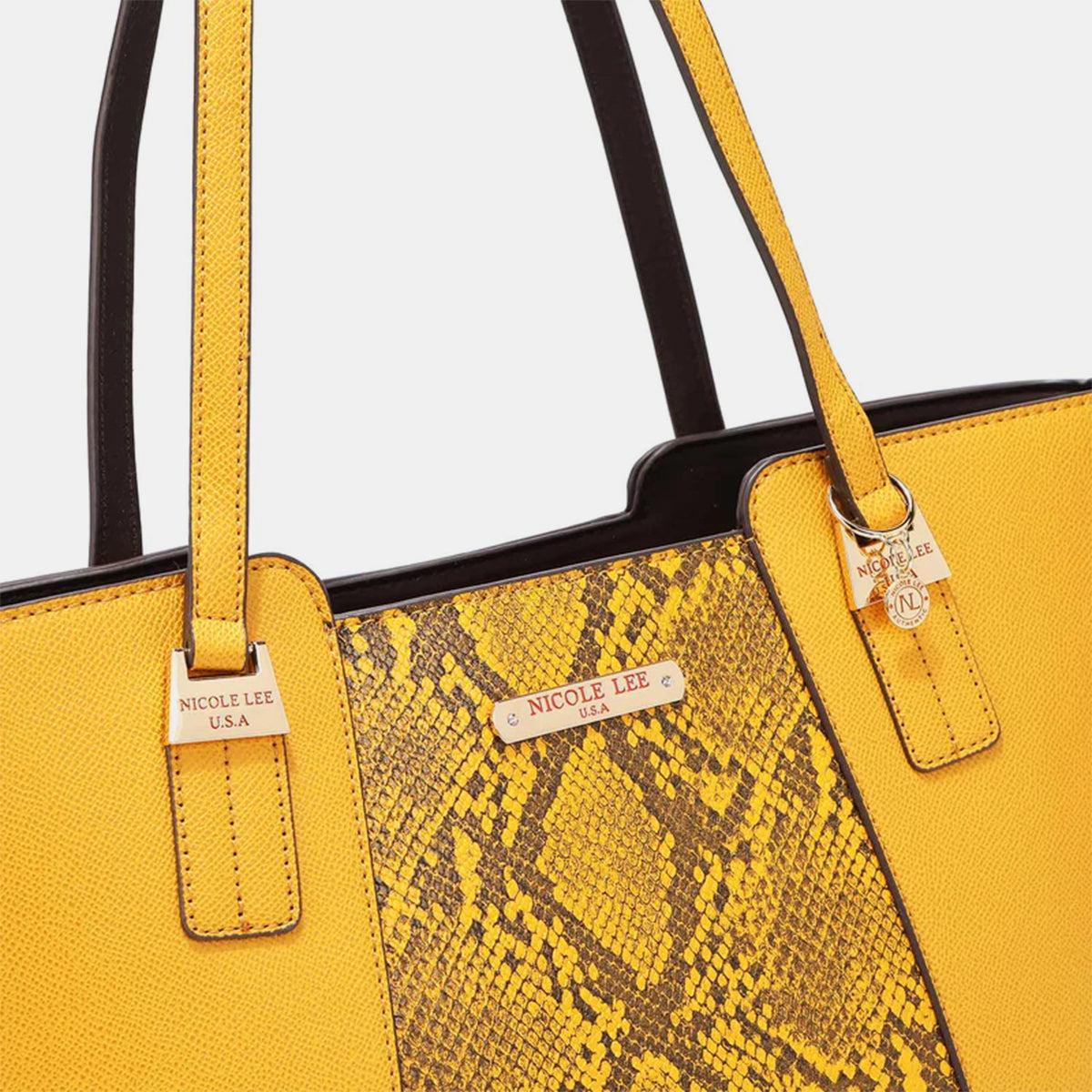 a yellow and black handbag with a name tag