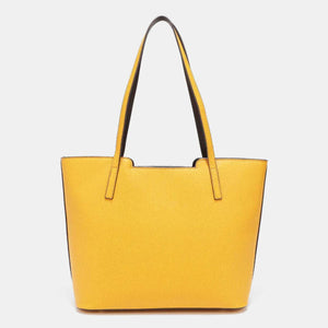 a yellow handbag on a white background
