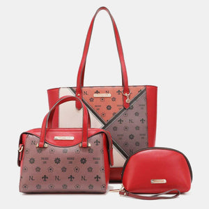 three different colored handbags sitting next to each other
