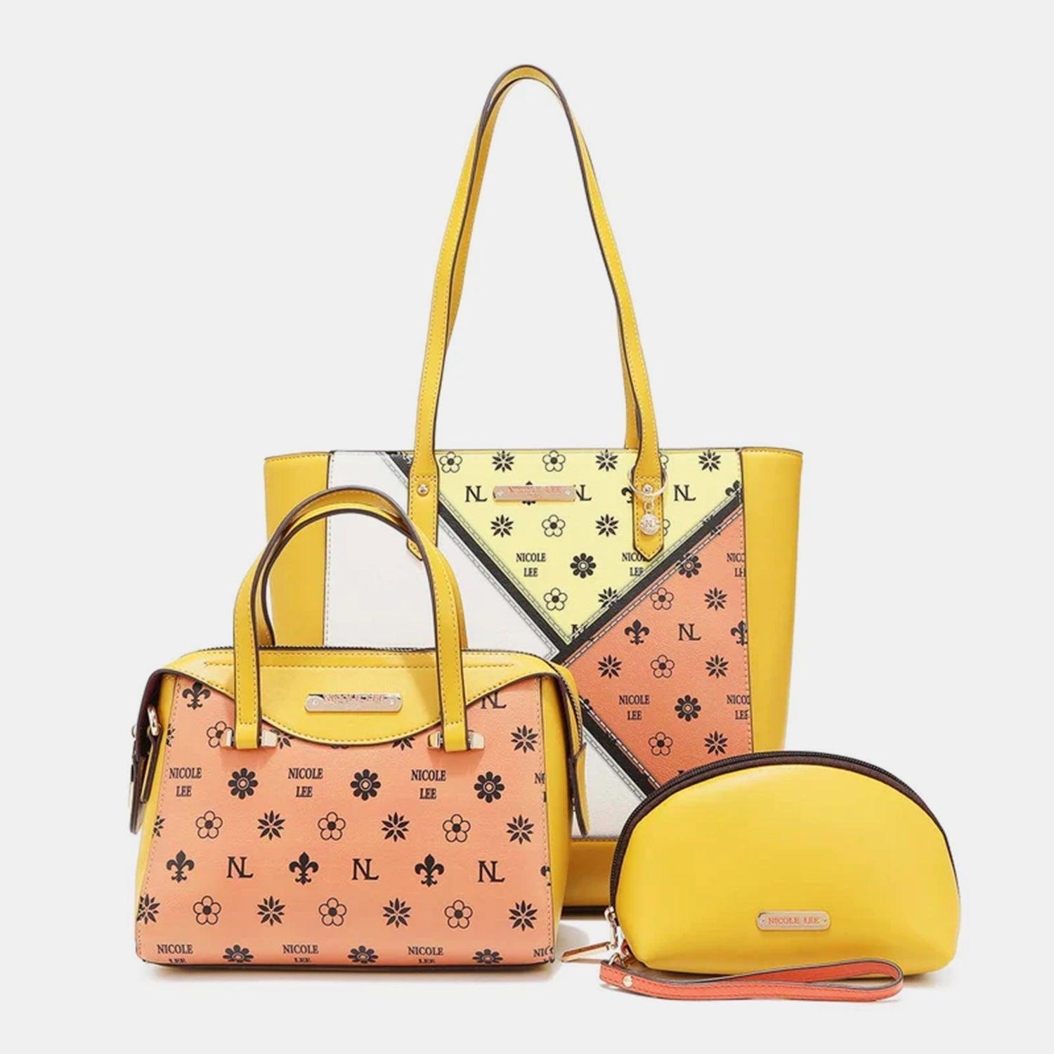 three pieces of handbags and a purse on a white background