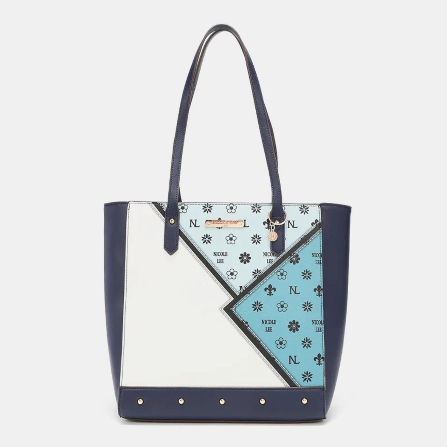 a handbag with a blue and white design