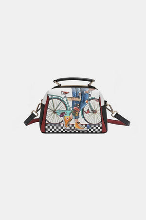 a handbag with a picture of a man on a bicycle