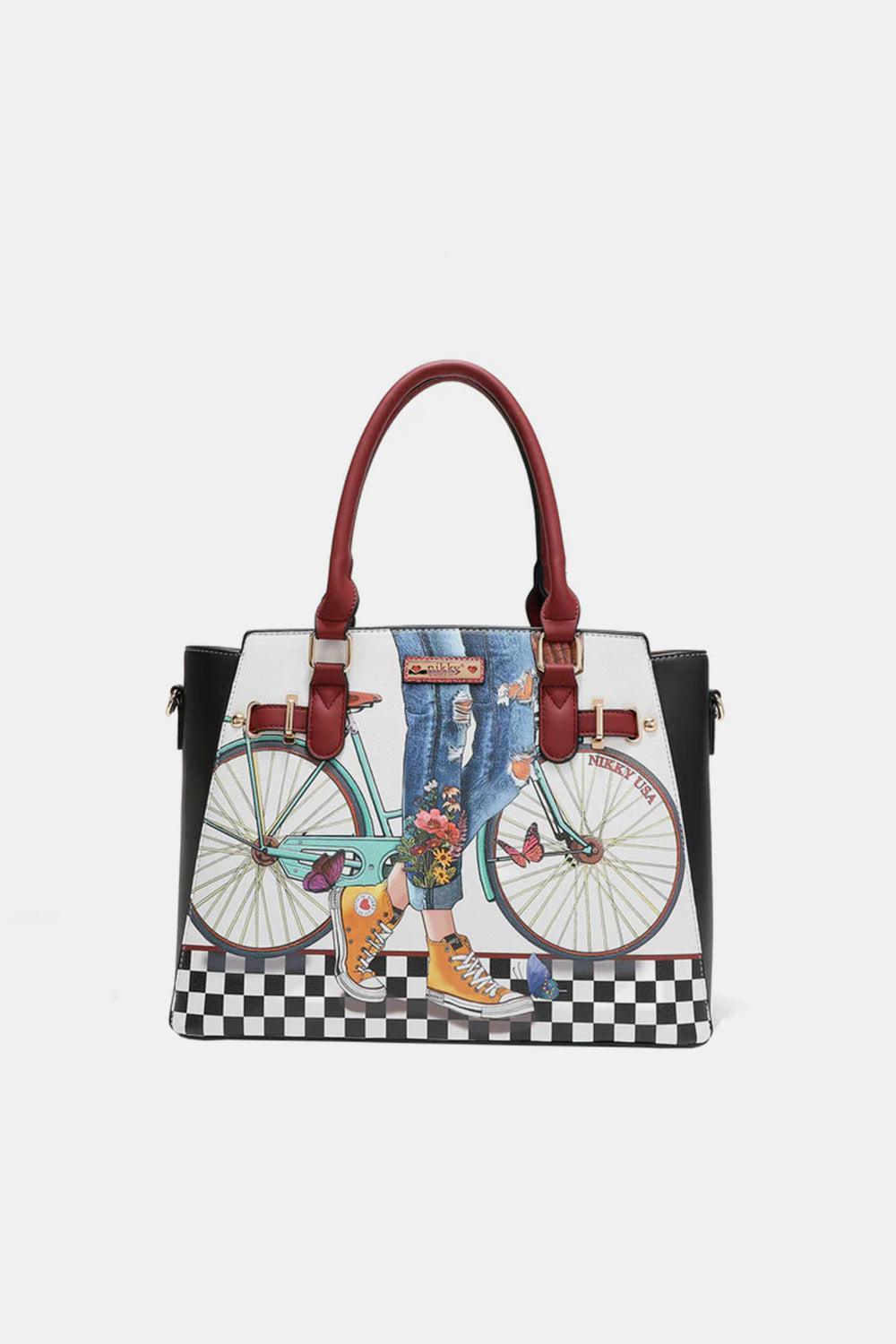 a handbag with a picture of a man on a bike