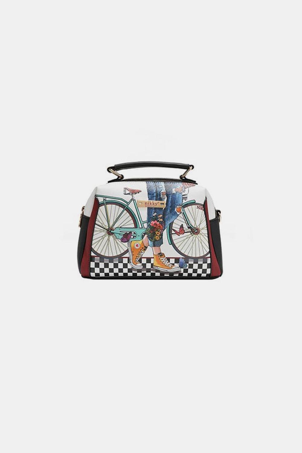 a handbag with a picture of a man on a bicycle