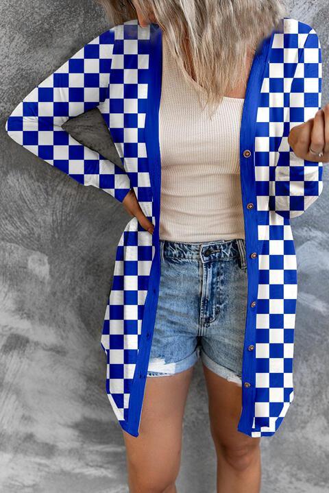 a woman wearing a blue and white checkered cardigan