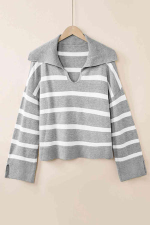 On Fleek Warmth Striped Slit Collared Sweater - MXSTUDIO.COM