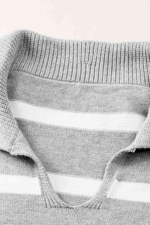 On Fleek Warmth Striped Slit Collared Sweater - MXSTUDIO.COM
