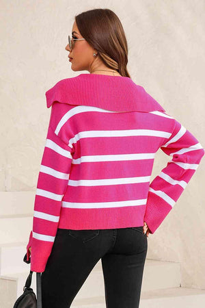 On Fleek Warmth Striped Slit Collared Sweater - MXSTUDIO.COM