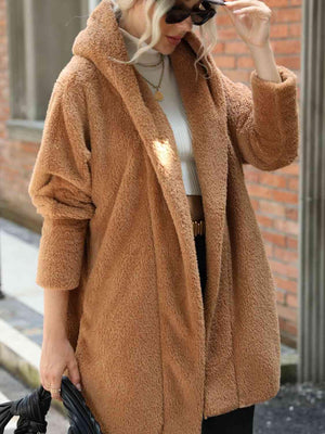 Open Front Teddy Coat With Hood-MXSTUDIO.COM