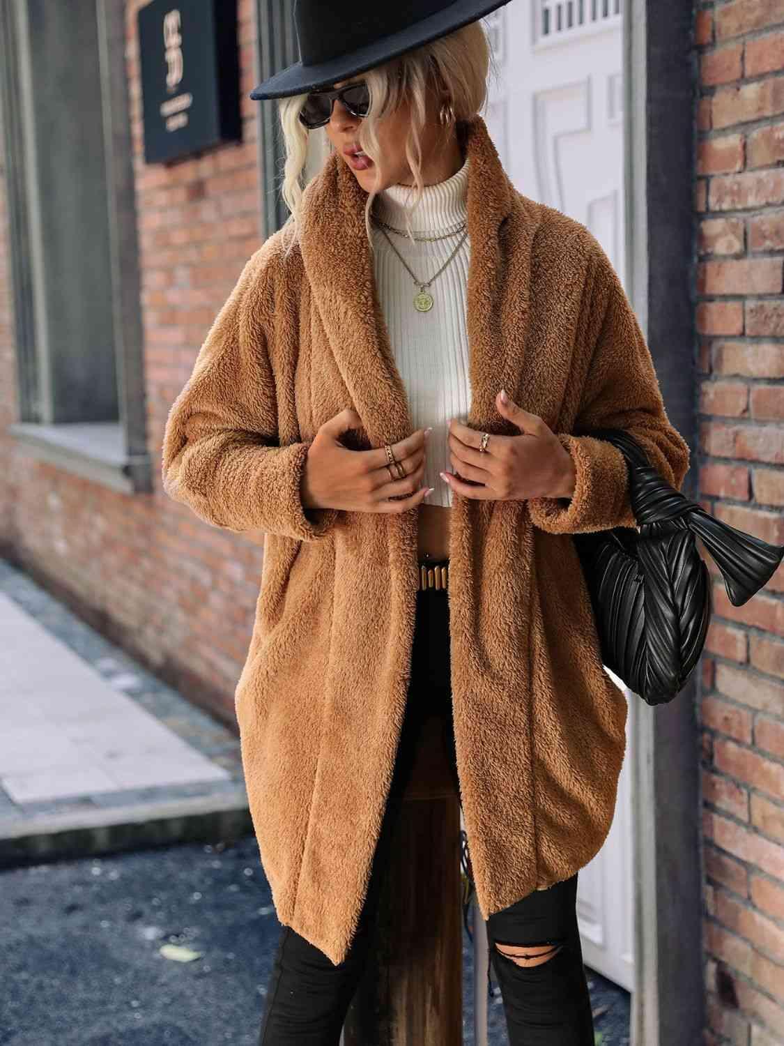 Open Front Teddy Coat With Hood-MXSTUDIO.COM