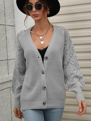 Openwork Plunge Raglan Sleeve Rib Knit Cardigan - MXSTUDIO.COM