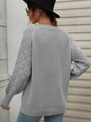 Openwork Plunge Raglan Sleeve Rib Knit Cardigan - MXSTUDIO.COM