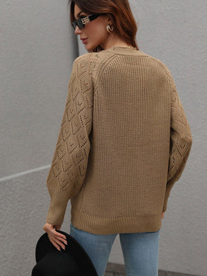Openwork Plunge Raglan Sleeve Rib Knit Cardigan - MXSTUDIO.COM