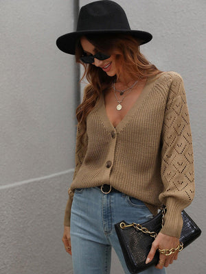 Openwork Plunge Raglan Sleeve Rib Knit Cardigan - MXSTUDIO.COM