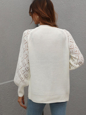 Openwork Plunge Raglan Sleeve Rib Knit Cardigan - MXSTUDIO.COM