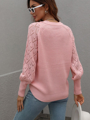 Openwork Plunge Raglan Sleeve Rib Knit Cardigan - MXSTUDIO.COM